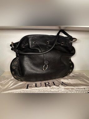 Furla Black Pebbled Leather Drawstring Shoulder Bag